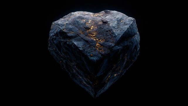 Heart-shaped rock with sedimentary layers and golden veins on black background