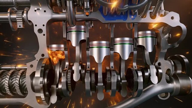 Detailed cross-section of a V8 internal combustion engine with pistons firing and gears turning in motion