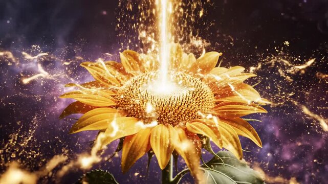Abstract motion graphic animation featuring a pulsating, vibrant sunflower absorbing radiant golden energy and solar power from above growth, vibrant, abstract