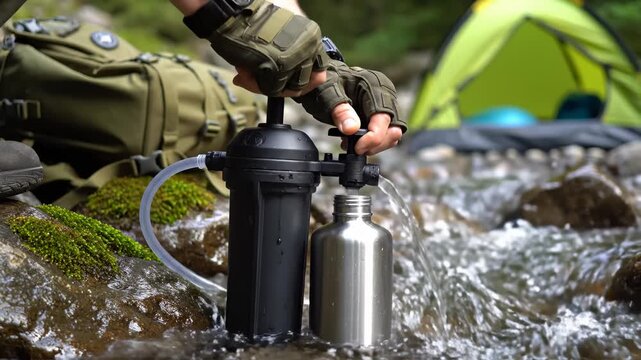 Filtering Water With Manual Pump in Wilderness Environment, Camping, Backpacking