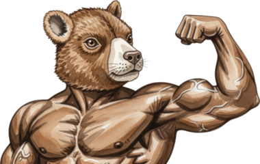 Muscular bear flexing arm with strong muscles isolated on transparent background
