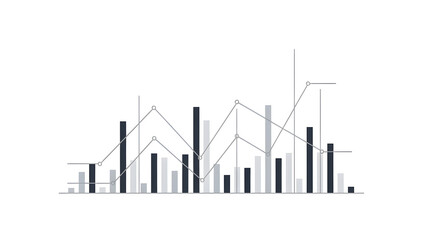 Statistical data representation with bar graph and line chart on white background from a straightforward viewpoint