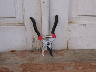 Garden pruning shears with black handles and spring lying on an old wooden doorstep.