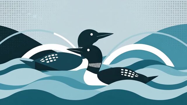 Elegant Animation Of Loons Swimming In Tranquil Waters With Softly Cascading Waves Graphic