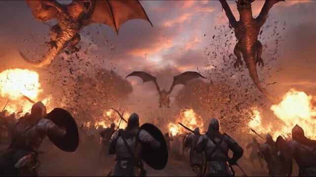 Armored warriors stand firm as roaring dragons unleash fire, lighting a chaotic battlefield tonight