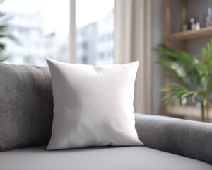 Mockup template featuring a blank square white throw pillow resting centrally on a modern gray sofa in a bright living room setting ideal for graphic designers.
