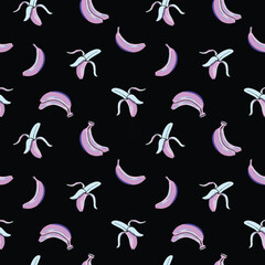 Vibrant purple pink banana seamless pattern on black background, tropical fruit