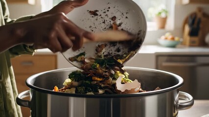 Person Scraping Food Scraps Into Kitchen Composting Bin