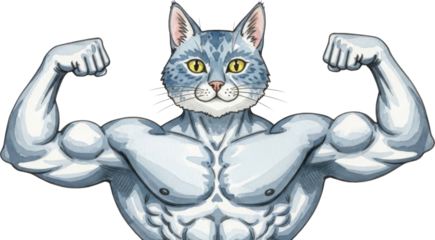 Muscular cat flexing its muscles in cartoon illustration isolated on transparent background