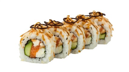 Sushi roll with salmon, cucumber, and cream cheese topped with eel sauce and sesame seeds, served in a row. Japanese cuisine, food presentation, popular dish.