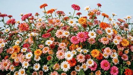 A vibrant garden of mixed colorful daisies and similar flowers in full bloom against a light sky background.