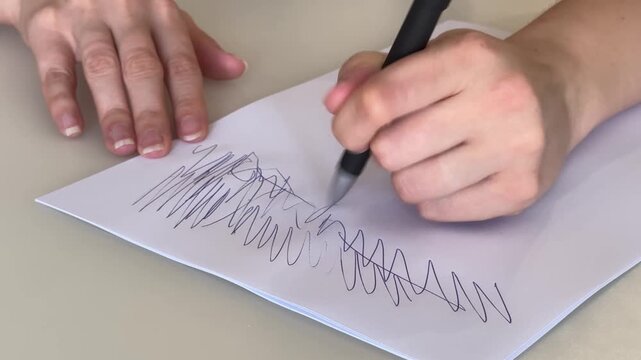 Hands Drawing Swiftly, Intense Closeup Of Fingers Rapidly Drawing Chaotic Lines On White Paper Surface
