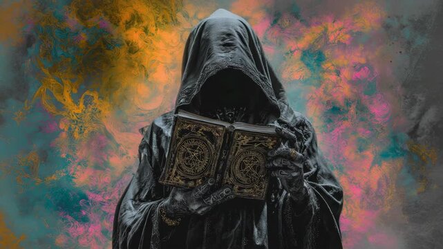 Hooded figure holding an ornate book against a colorful swirling background