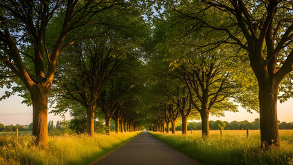 Fototapeta premium A scenic road lined with tall green trees, bathed in warm golden hour sunlight, with grassy fields stretching into the distance.