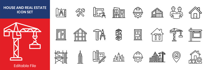 House Real Estate Thin Line Icon Set Black Outline