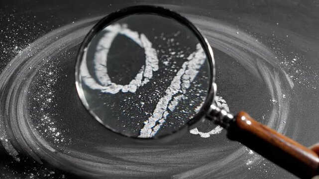 Magnifying Glass Reveals Hidden Details of a Mysterious White Powder Substance on a Dark Surface.
