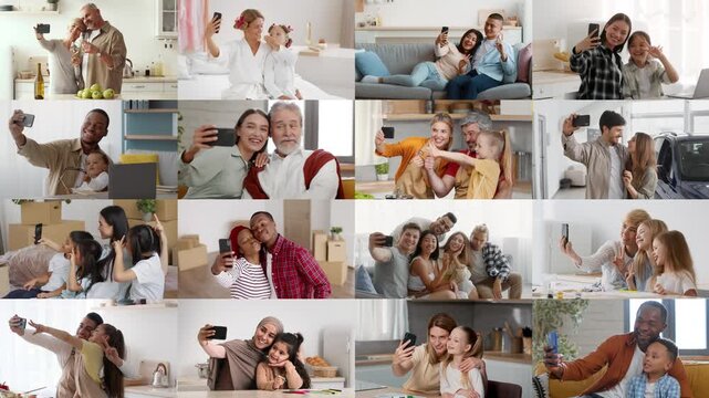 Groups of friends and family share joyful moments while taking selfies with their phones. These pictures showcase a blend of cultures and age groups celebrating life together.