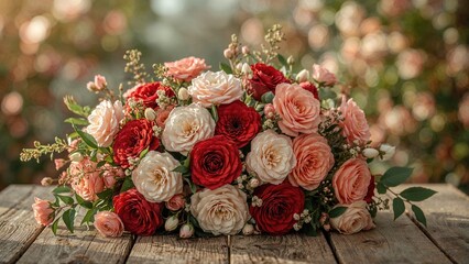 A bouquet of roses in various shades of red, pink, and white with greenery, arranged on a wooden surface with a blurred floral background.