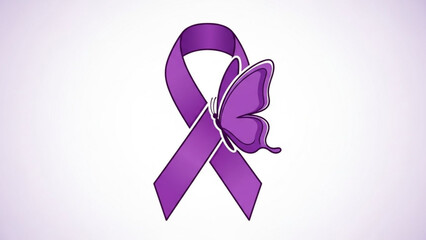 Purple awareness ribbon with butterfly symbol on white background for epilepsy domestic violence support