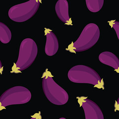 Seamless pattern of fresh purple eggplants on a black background for food design
