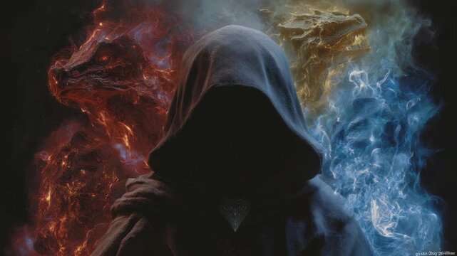 Mysterious hooded figure surrounded by elemental dragons in a fantasy world