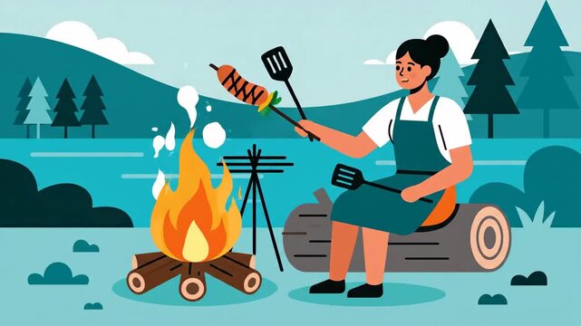 Enjoying A Bonfire Scene With Woman Grilling In Nature Illustration Outdoor Cooking