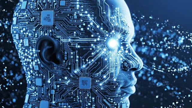 A futuristic video showcasing a mans face with a circuit board pattern in a blue hue Science and technology Background Footage
