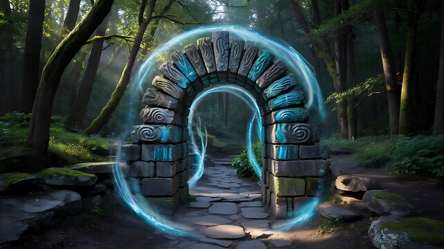 Mystical Stone Archway Portal with Blue Aura in a Lush Green Forest