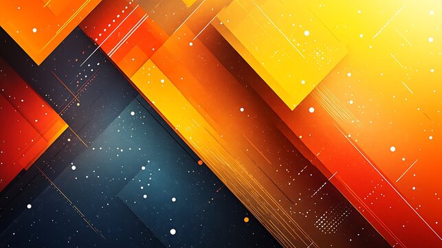 Vivid orange, yellow, and blue geometric blocks with diagonal lines and floating white particles - Powered by Adobe