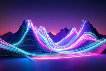 Ethereal neon lights dance over serene mountain peaks