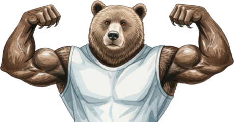 Muscular bear flexing its muscles in a tank top isolated on transparent background