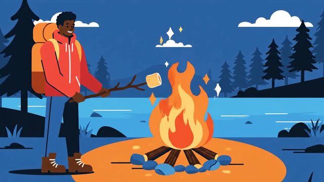 Enjoying Nature's Warmth: Man Roasting Marshmallow By Campfire Under Starry Night Illustration