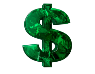  Floating Emerald Dollar Sign with Faceted Gem Texture, Tilted Top-Down View, Black Shadow, Isolated