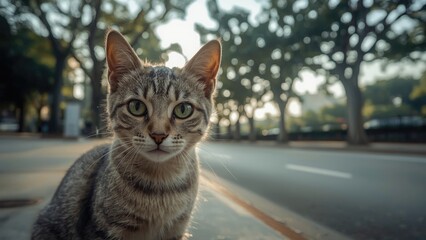 A close-up of a gray tabby cat with green eyes outdoors on a sunny day, with trees and a quiet street in the background.