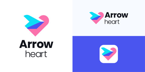 Creative arrow with overlapping flat color shapes, Logo icon design vector illustration element, Modern symbol abstract arrow with heart for direction, app and other brand identity business