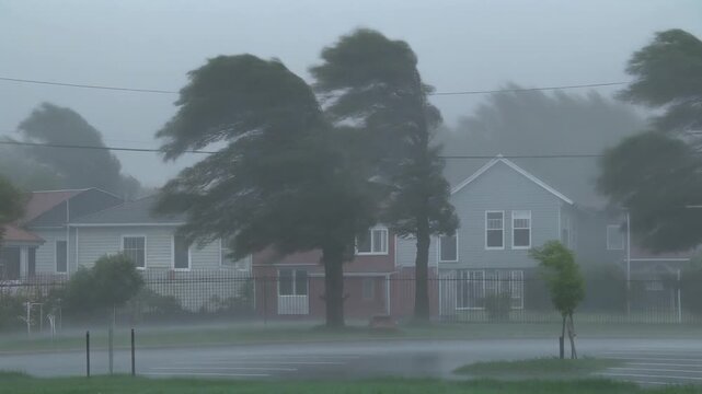 Houses and Trees Bending Under the Force of Strong Winds and Fog During a Storm Keywords: storm, wind, strong wind, hurricane, typhoon, weather, bad weather, natural disaster, fog, mist