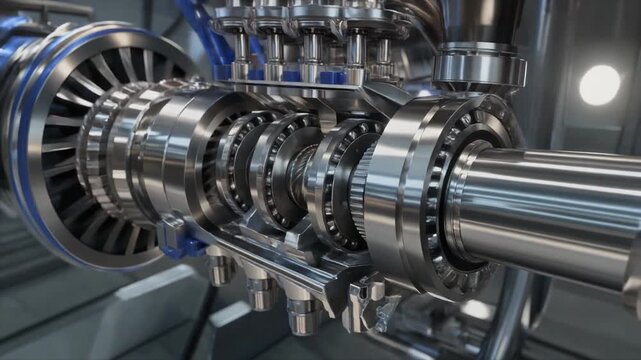 Detailed 3D Rendering of a Complex Mechanical Gearbox Assembly with Ball Bearings and Turbine Blades Keywords: gearbox, mechanical, engineering, machinery, industrial, gears, bearings