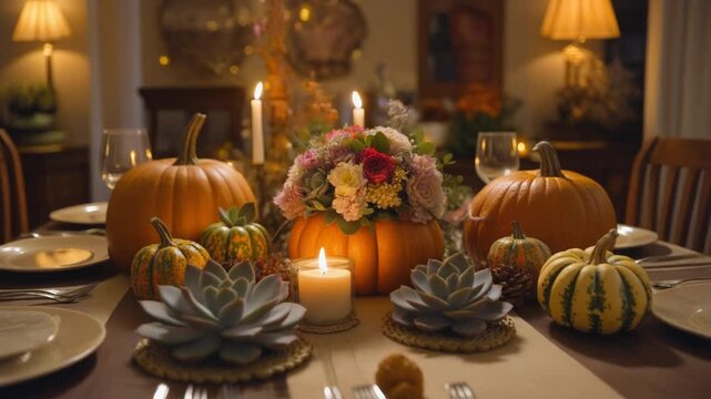 Festive Thanksgiving Table Setting with Pumpkins Flowers and Candles Keywords: thanksgiving, fall, autumn, table setting, dinner, feast, harvest, pumpkins, gourds, flowers, floral