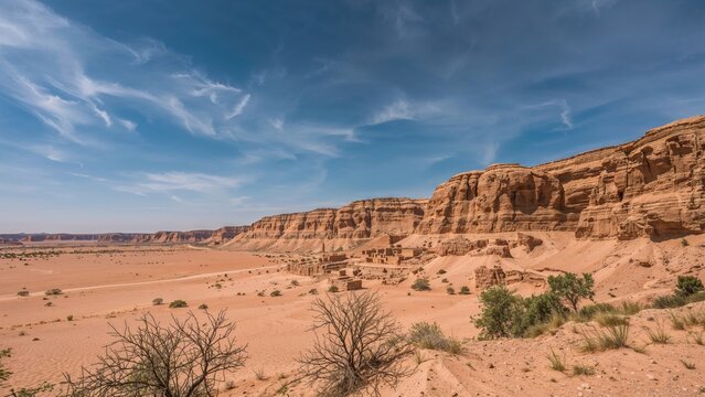 Arid desert landscape with cliffs and sparse vegetation under a blue sky. - Powered by Adobe