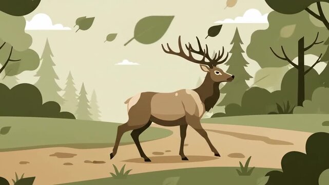 Elk Wildlife In Forest Video, Forest Landscape With Deer Passing By Path Animation Footage
