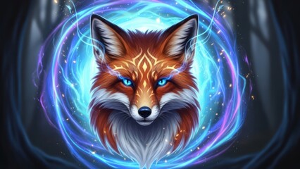 Vibrant fox portrait with glowing eyes inside a mystic aura