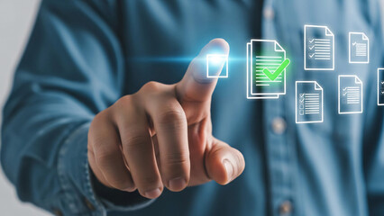 Man interacts with digital documents on a futuristic touchscreen