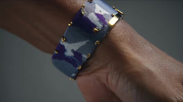 Closeup medium shot of a rechargeable noninvasive ankle bracelet with digital status indicators representing advanced parole tracking systems.