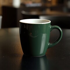 A dark green ceramic mug with a white rim sits on a dark reflective surface