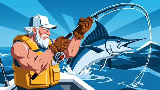 Enthusiastic Fisherman Battling a Marlin, Cartoon Style Illustration, Old Man Character