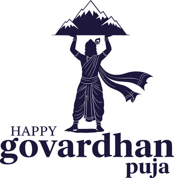 Happy Govardhan Puja celebration vector with Lord Krishna silhouette lifting mountain, Hindu religious festival design element for greeting cards and social media.