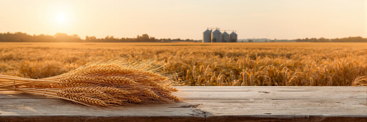 A bunch of ripe wheat ears on a wooden table against the background of a field, a beautiful sunset
