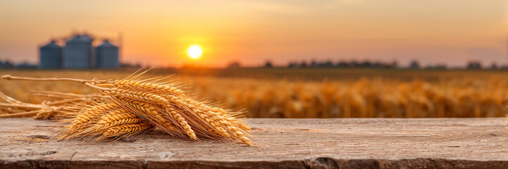 A bunch of ripe wheat ears on a wooden table against the background of a field, a beautiful sunset