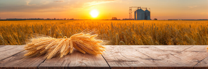 A bunch of ripe wheat ears on a wooden table against the background of a field, a beautiful sunset