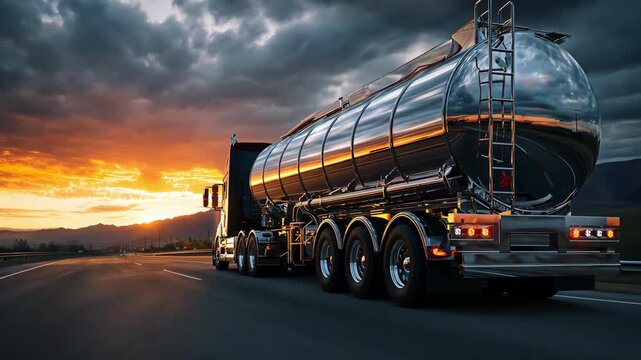 Tanker truck driving on highway at sunset with dramatic clouds, 4k video